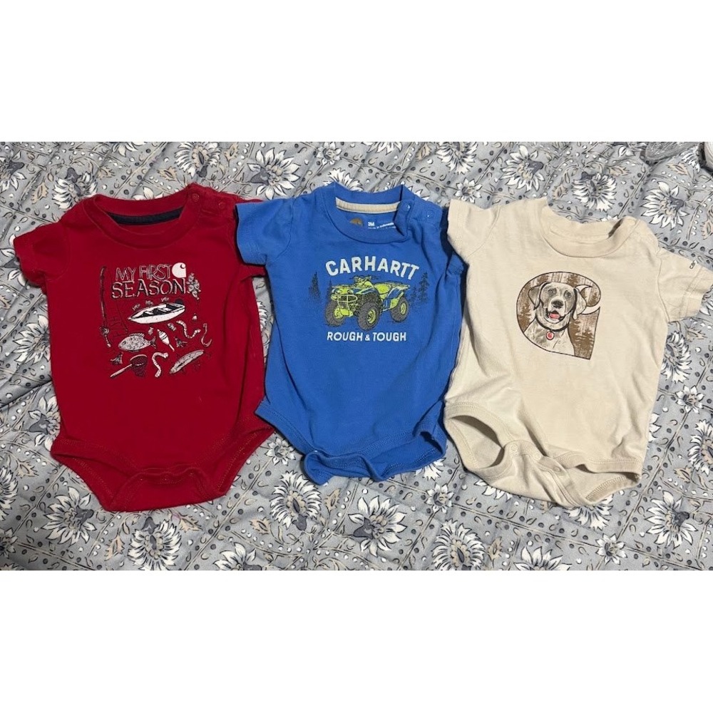 Carhartt Baby Boys‎ 3M Bodysuit Bundle 3 Pack Fishing ATV Dog Red Blue Tan